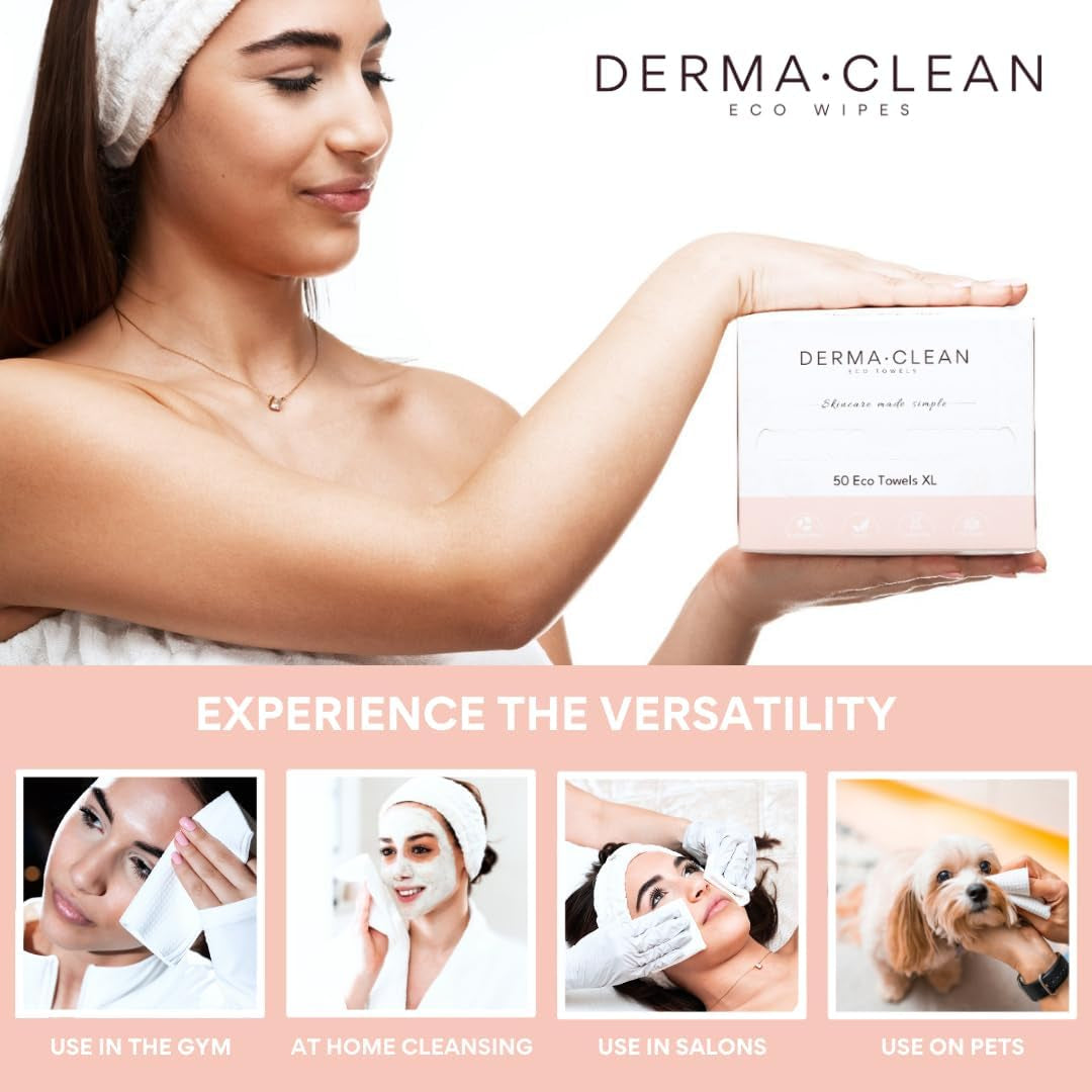 DERMA•CLEAN-50 Count-Ultra-Soft, Eco Friendly Biodegradable Face and Body and Intimate Wipes. Single-Use Makeup Remover and Quick On-The-Go Washcloth. Dry Wipes, Baby Wipes, Disposable Face Towels