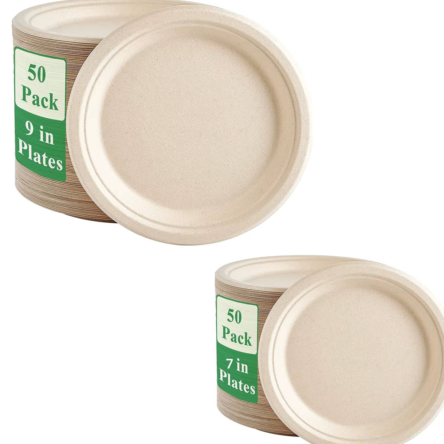 25-50Pack 9&7Inch Heavy-Duty Disposable Paper Plates100% Compostable Bagasse Natural Biodegradable Eco-Friendly Sugarcane Plates