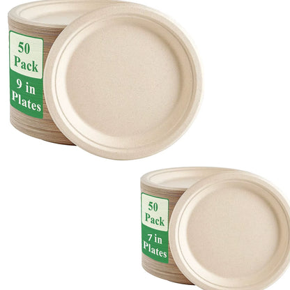 25-50Pack 9&7Inch Heavy-Duty Disposable Paper Plates100% Compostable Bagasse Natural Biodegradable Eco-Friendly Sugarcane Plates