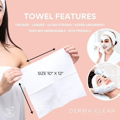 DERMA•CLEAN-50 Count-Ultra-Soft, Eco Friendly Biodegradable Face and Body and Intimate Wipes. Single-Use Makeup Remover and Quick On-The-Go Washcloth. Dry Wipes, Baby Wipes, Disposable Face Towels