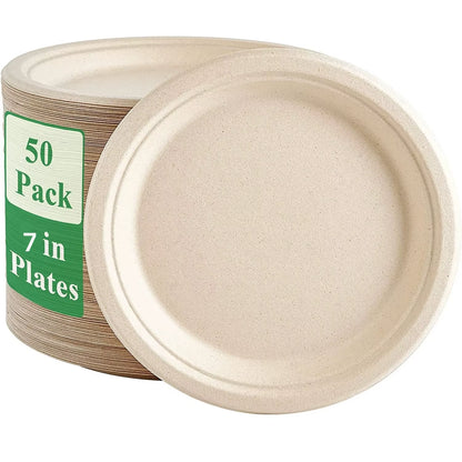 25-50Pack 9&7Inch Heavy-Duty Disposable Paper Plates100% Compostable Bagasse Natural Biodegradable Eco-Friendly Sugarcane Plates