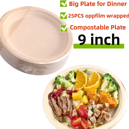 25-50Pack 9&7Inch Heavy-Duty Disposable Paper Plates100% Compostable Bagasse Natural Biodegradable Eco-Friendly Sugarcane Plates