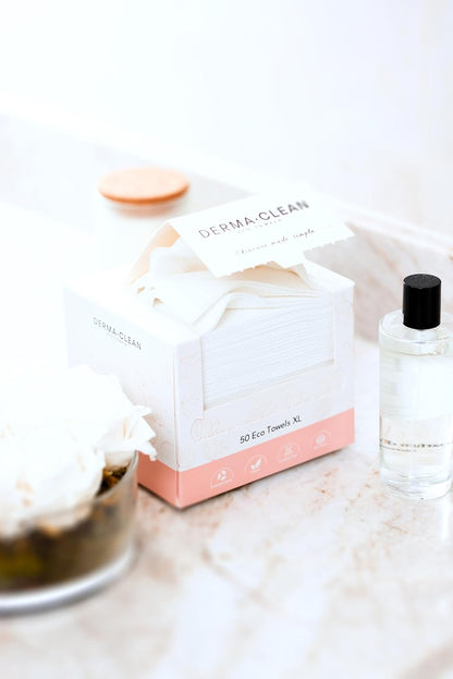 DERMA•CLEAN-50 Count-Ultra-Soft, Eco Friendly Biodegradable Face and Body and Intimate Wipes. Single-Use Makeup Remover and Quick On-The-Go Washcloth. Dry Wipes, Baby Wipes, Disposable Face Towels