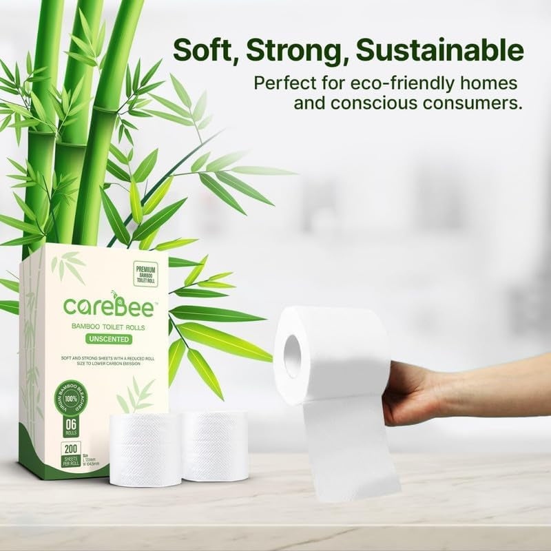 Bamboo Toilet Rolls | Unscented | 3-Ply | 100% Bamboo | Plastic-Free Packaging | 200 Sheets per Roll | Biodegradable, Compostable & Eco-Friendly | Vegan (6 Rolls)