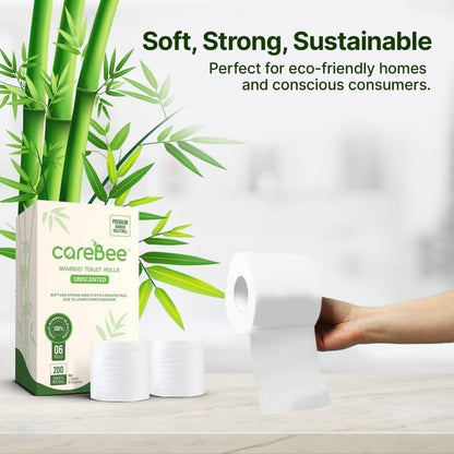 Bamboo Toilet Rolls | Unscented | 3-Ply | 100% Bamboo | Plastic-Free Packaging | 200 Sheets per Roll | Biodegradable, Compostable & Eco-Friendly | Vegan (6 Rolls)