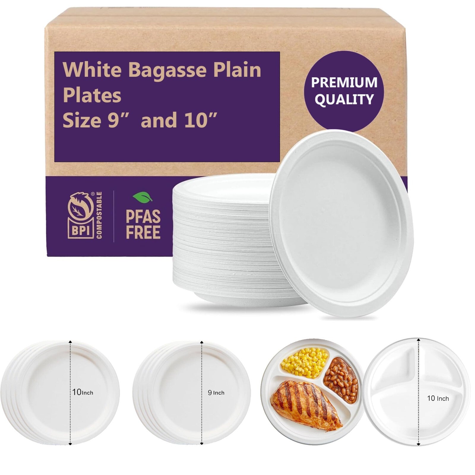 Bagasse Plates White Food Disposable Party Paper Biodegradable 100% Compostable