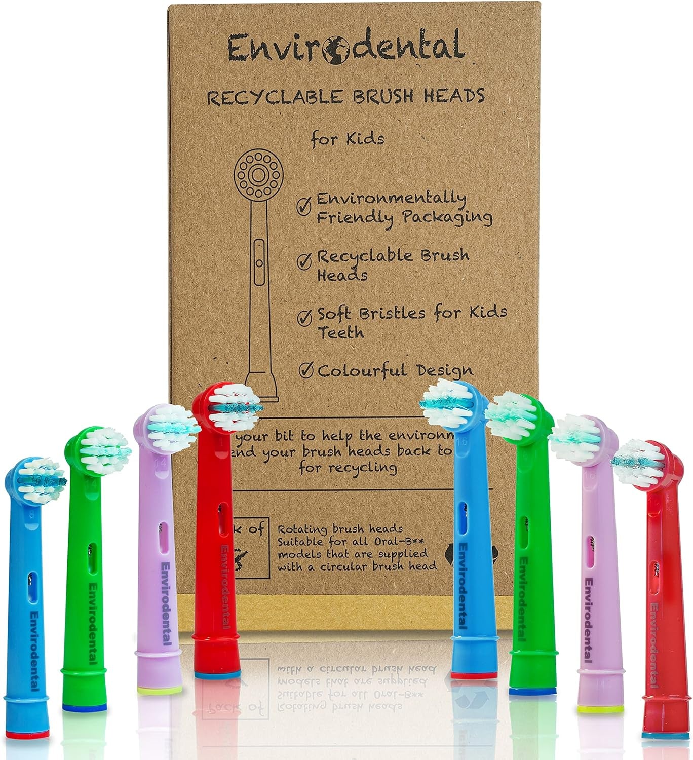Eco Friendly Oral B Compatible Replacement Kids Toothbrush Heads by  - Fully Recyclable Colourful Pack of 8 Brushes - with Soft Bristles for Kids - for Electric Toothbrushes