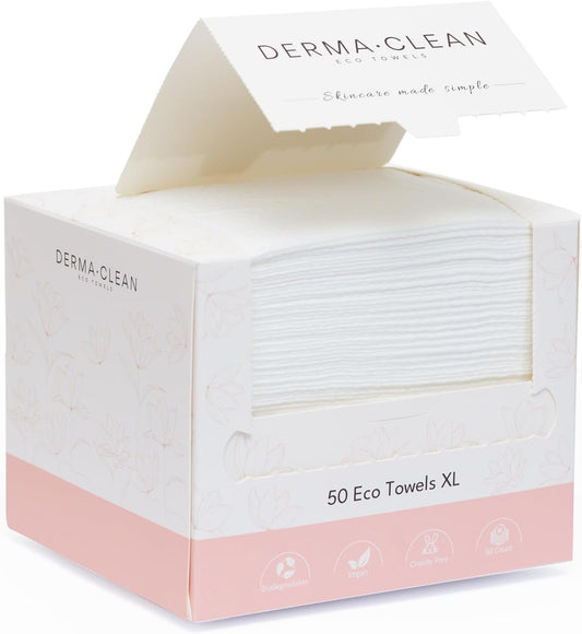 DERMA•CLEAN-50 Count-Ultra-Soft, Eco Friendly Biodegradable Face and Body and Intimate Wipes. Single-Use Makeup Remover and Quick On-The-Go Washcloth. Dry Wipes, Baby Wipes, Disposable Face Towels