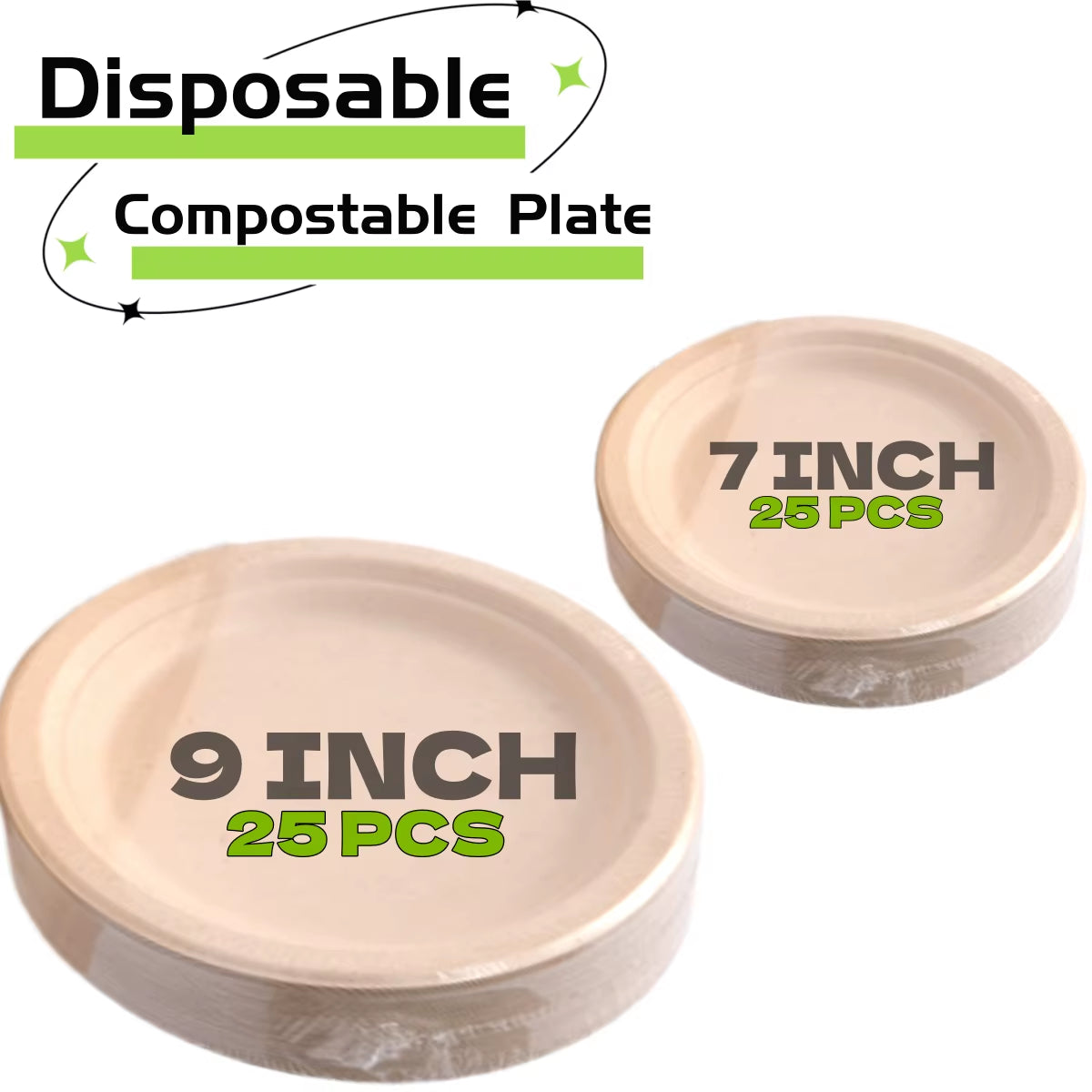 25-50Pack 9&7Inch Heavy-Duty Disposable Paper Plates100% Compostable Bagasse Natural Biodegradable Eco-Friendly Sugarcane Plates