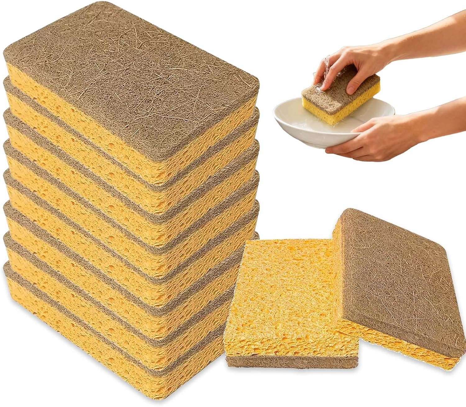 Eco Sponge Scourers Pack, 10Pcs Biodegradable Sponges, Plastic Free Washing up Pads Kitchen Cleaning Dish Pads Natural Biodegradable Scrubber Sponges for Heavy Duty Scrubbing