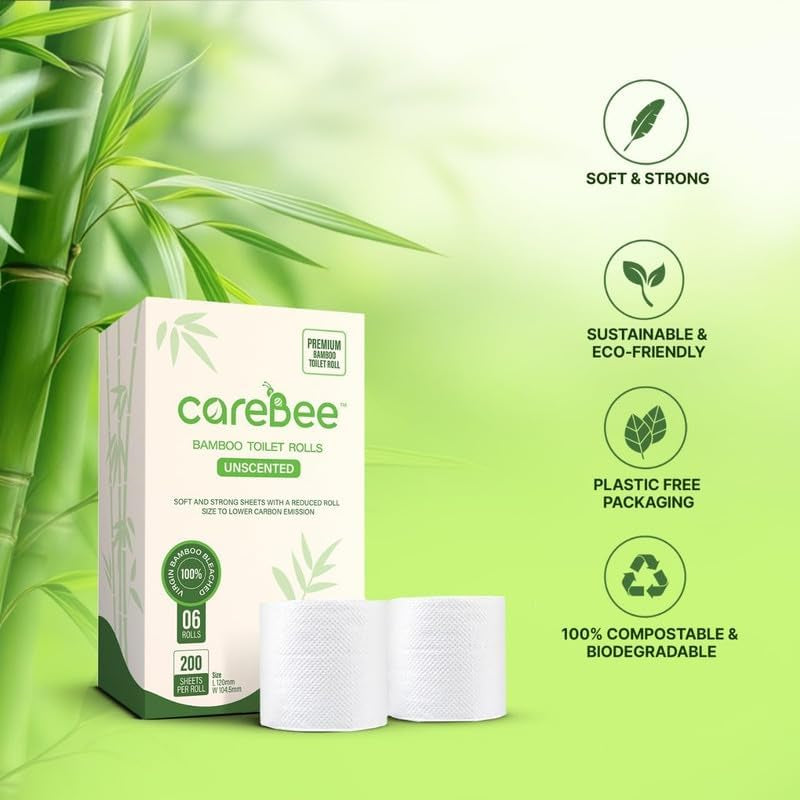 Bamboo Toilet Rolls | Unscented | 3-Ply | 100% Bamboo | Plastic-Free Packaging | 200 Sheets per Roll | Biodegradable, Compostable & Eco-Friendly | Vegan (6 Rolls)