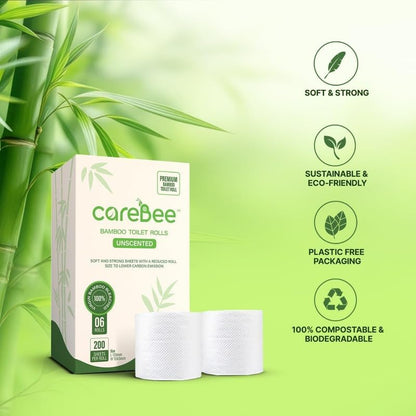 Bamboo Toilet Rolls | Unscented | 3-Ply | 100% Bamboo | Plastic-Free Packaging | 200 Sheets per Roll | Biodegradable, Compostable & Eco-Friendly | Vegan (6 Rolls)